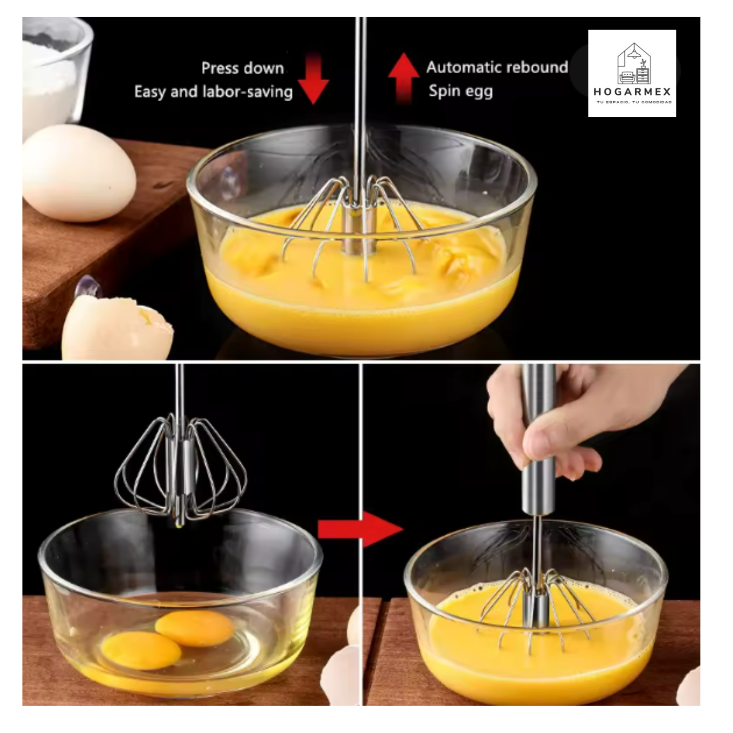 Batidor de Huevos Semiautomático de Acero Inoxidable  | Mezclador Manual y Agitador Giratorio Automático