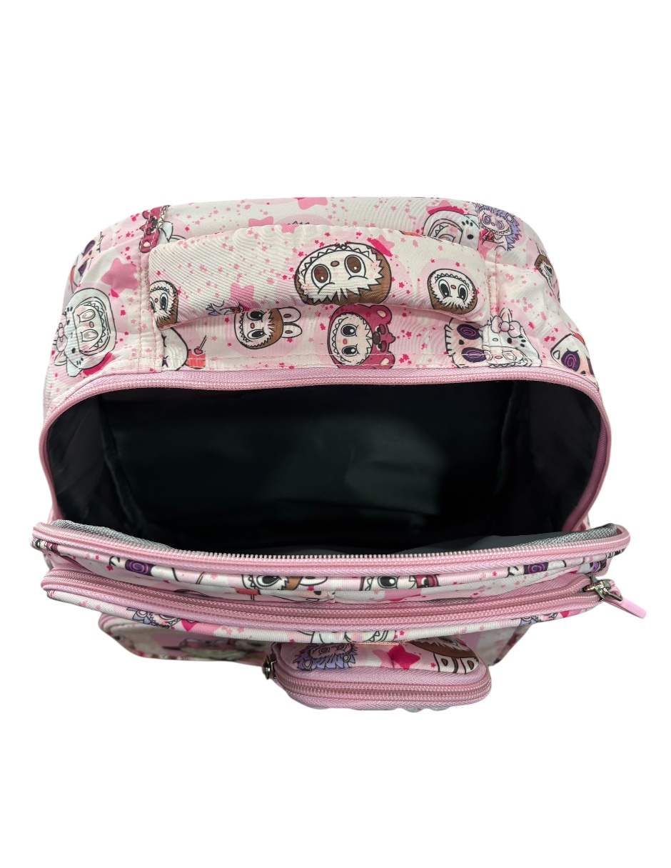 Mochila escolar color rosa de Labubu es práctica y espaciosa