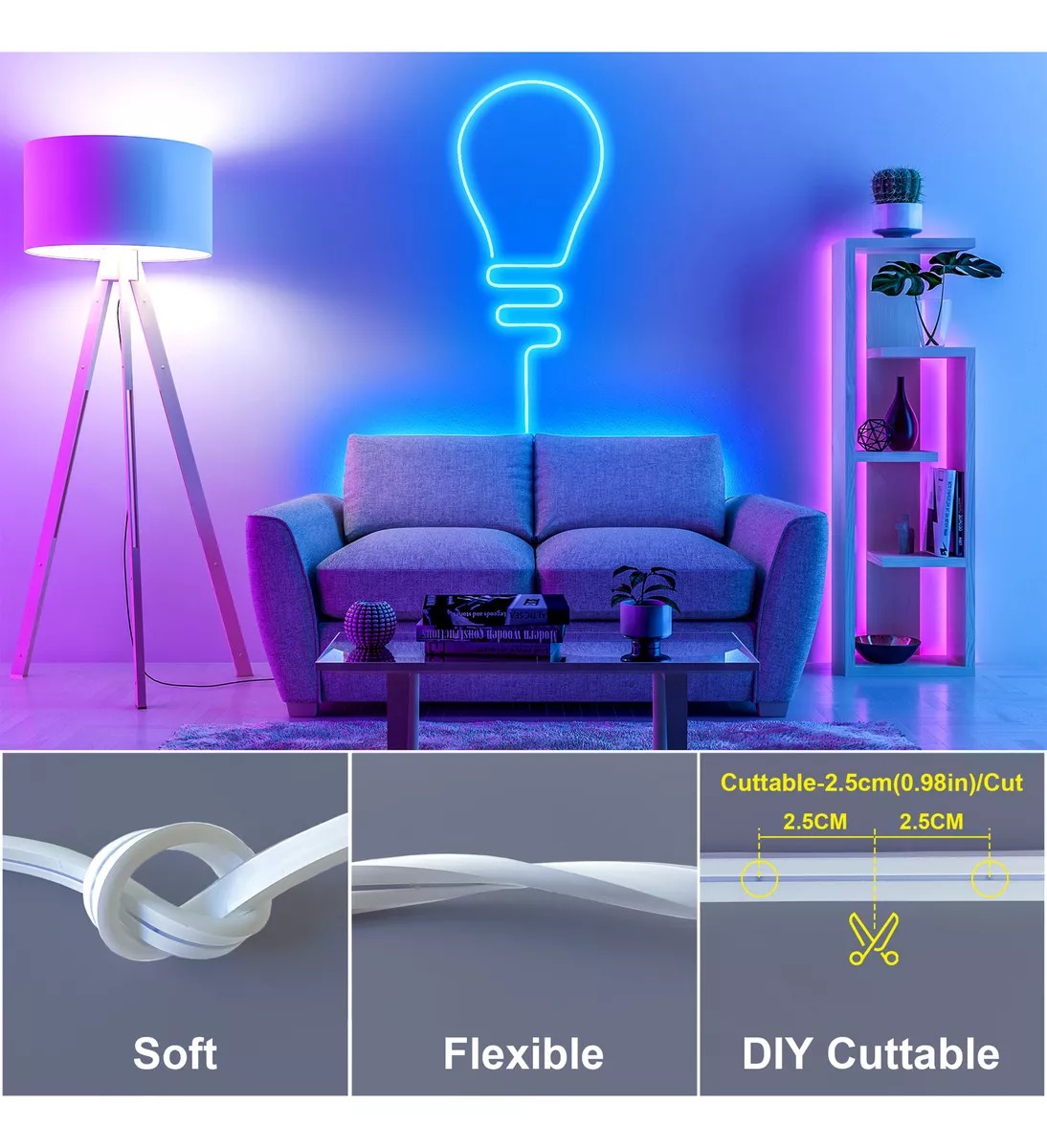 Cozylady Tiras de Neón Flex Led Rgb Bluetooth 6m Impermeable Luces Led Para Cuarto Tv Bar Habitación Gaming Fiesta Decoración de Interior 3535 110v
