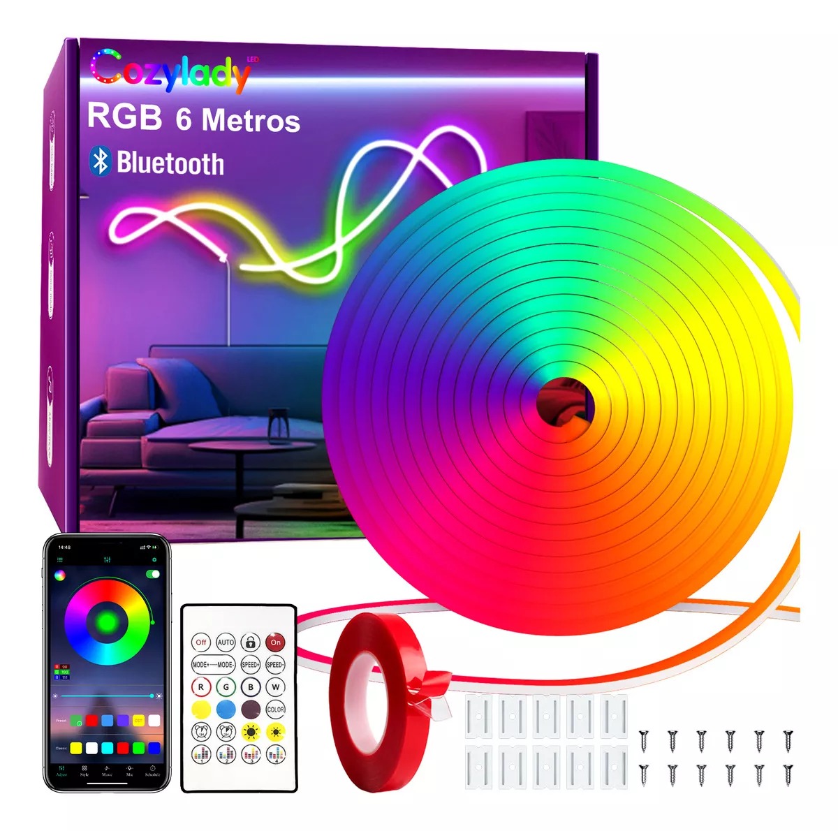 Cozylady Tiras de Neón Flex Led Rgb Bluetooth 6m Impermeable Luces Led Para Cuarto Tv Bar Habitación Gaming Fiesta Decoración de Interior 3535 110v