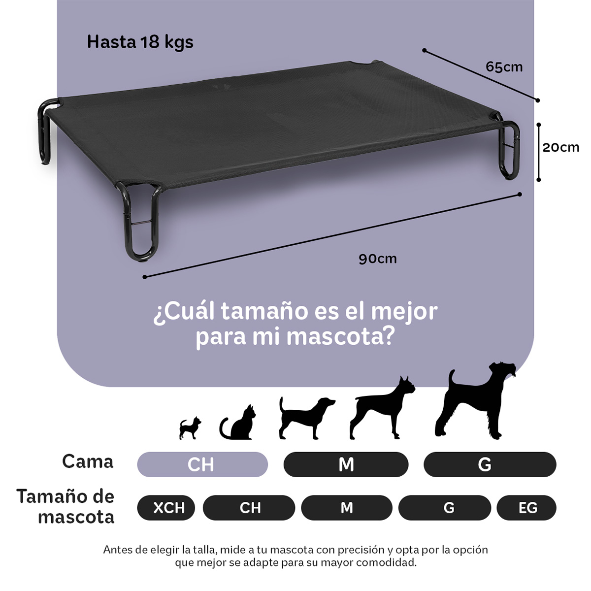 Cama Elevada para Perro Chico con Malla Transpirable ideal en Calor, Catre de Mascotas para Interior y Exterior Color Negro. ESQUIMAL