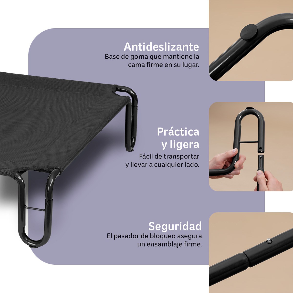 Cama Elevada para Perro Chico con Malla Transpirable ideal en Calor, Catre de Mascotas para Interior y Exterior Color Negro. ESQUIMAL