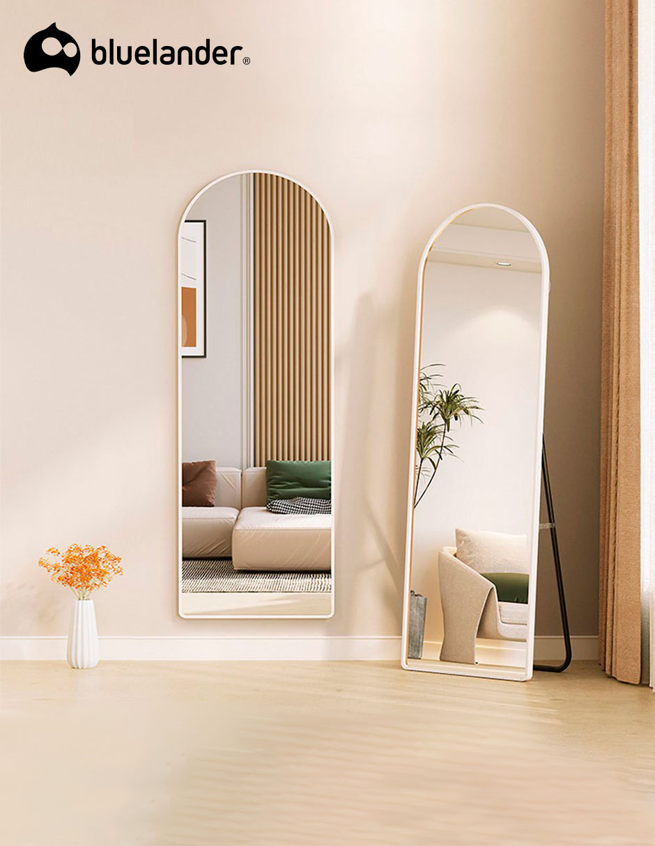Espejo Curvo de Cuerpo Completo con Soporte y Marco de Aluminio, Blanco Bluelander