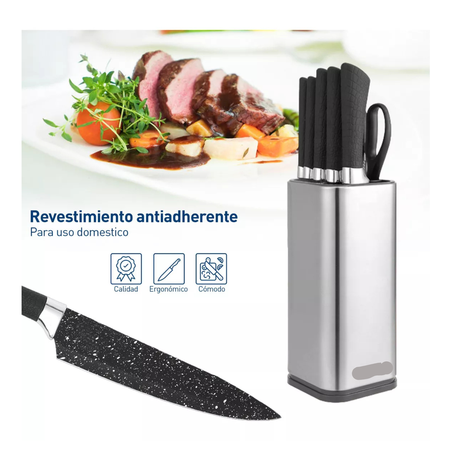 Set de 7 Cuchillos de Cocina de Acero Inoxidable con Mango Negro