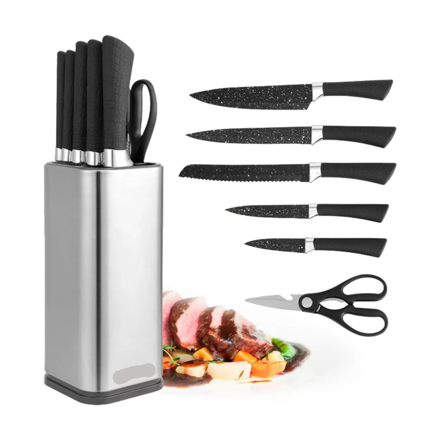 Set de 7 Cuchillos de Cocina de Acero Inoxidable con Mango Negro