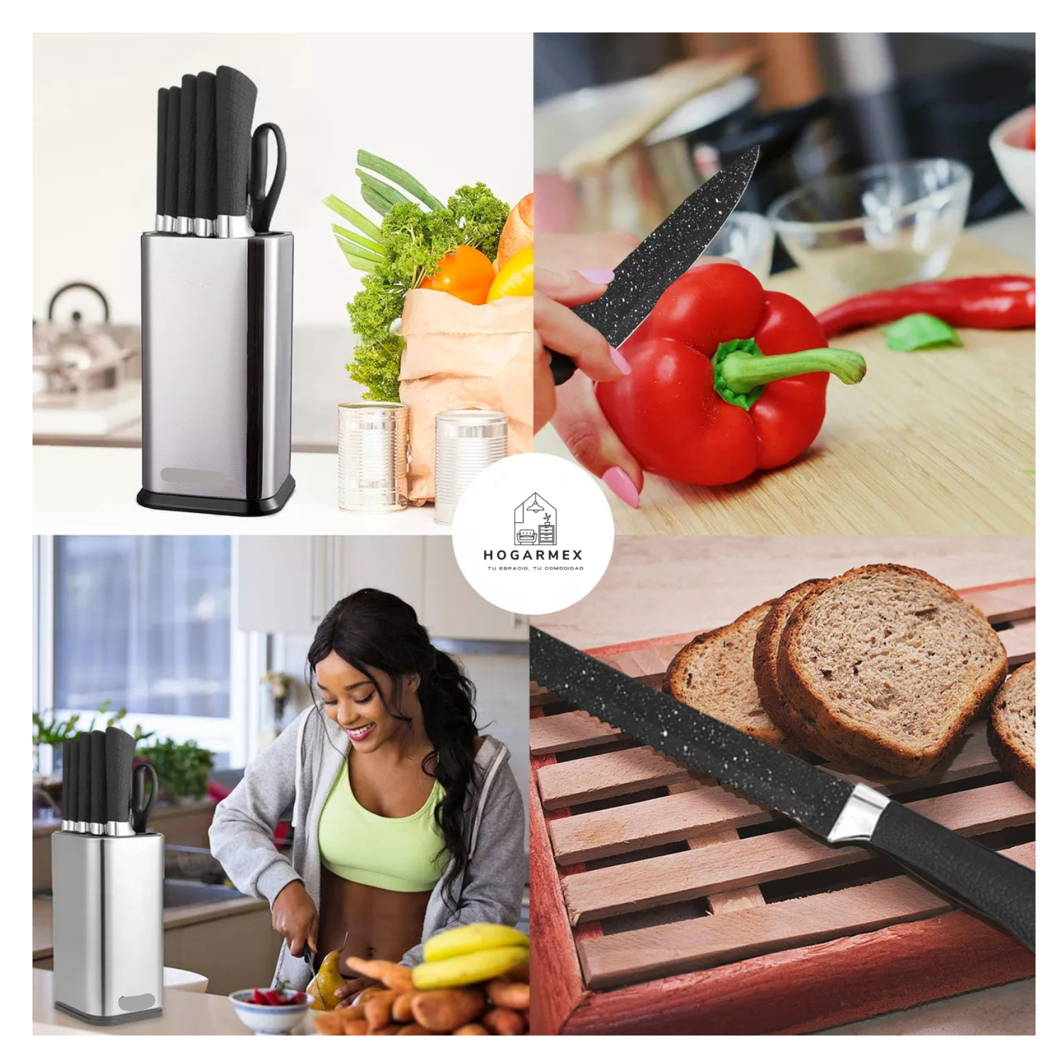 Set de 7 Cuchillos de Cocina de Acero Inoxidable con Mango Negro