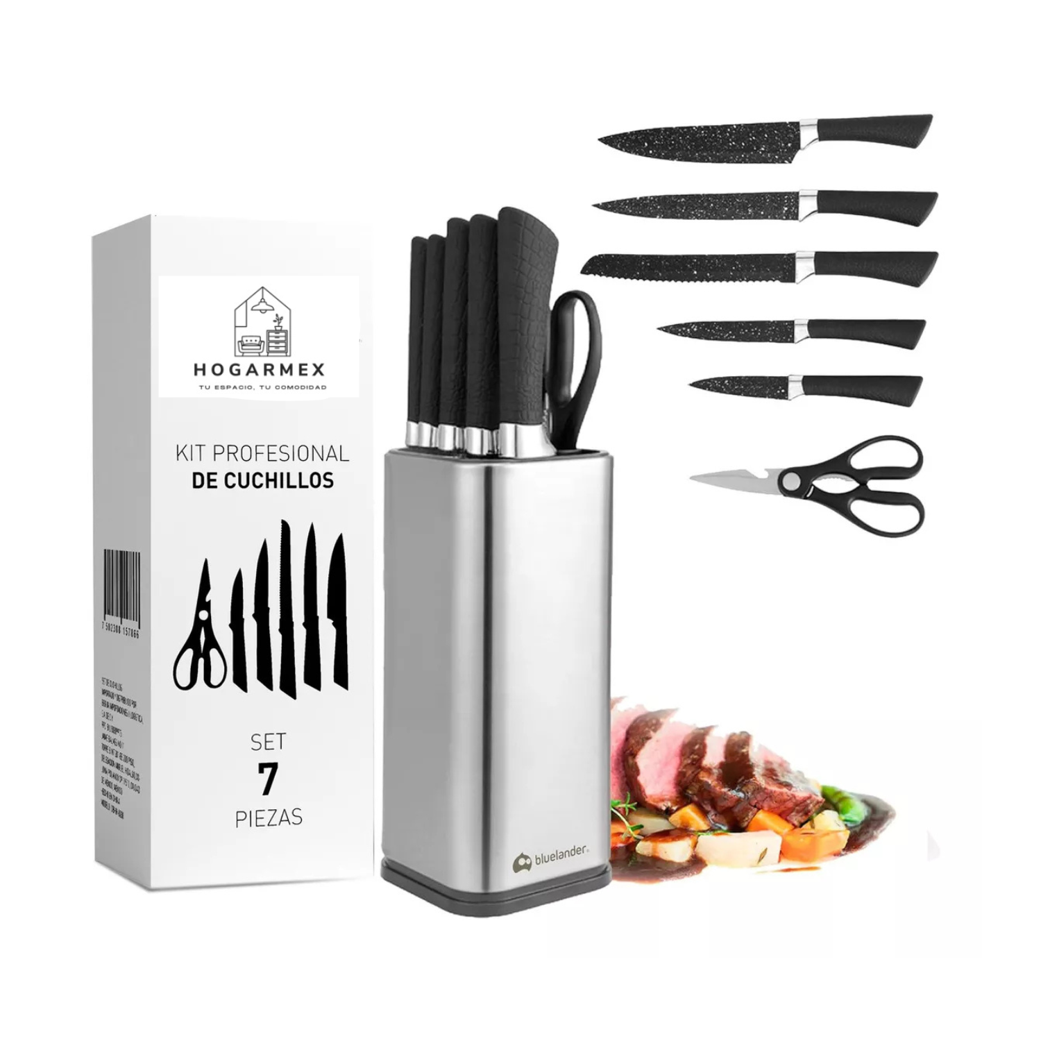 Set de 7 Cuchillos de Cocina de Acero Inoxidable con Mango Negro