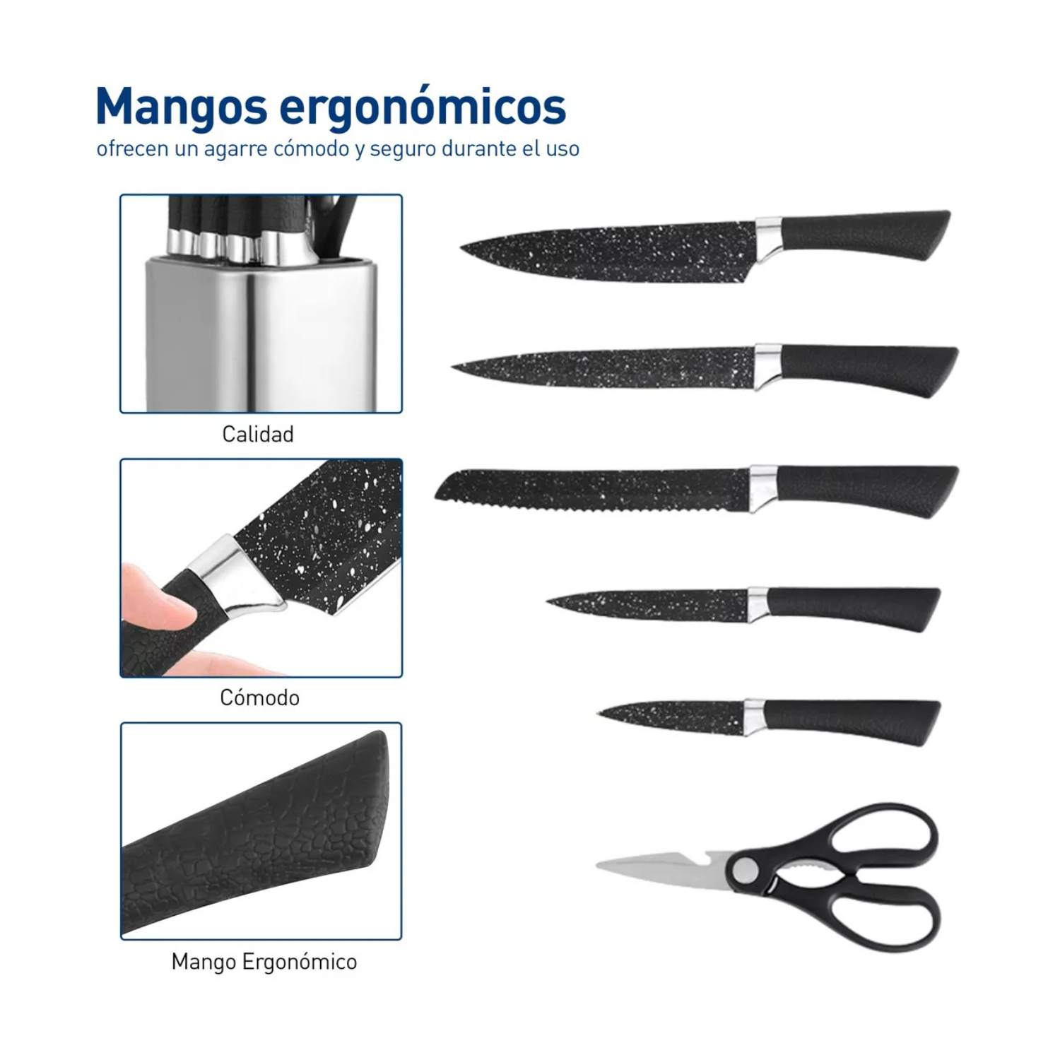 Set de 7 Cuchillos de Cocina de Acero Inoxidable con Mango Negro
