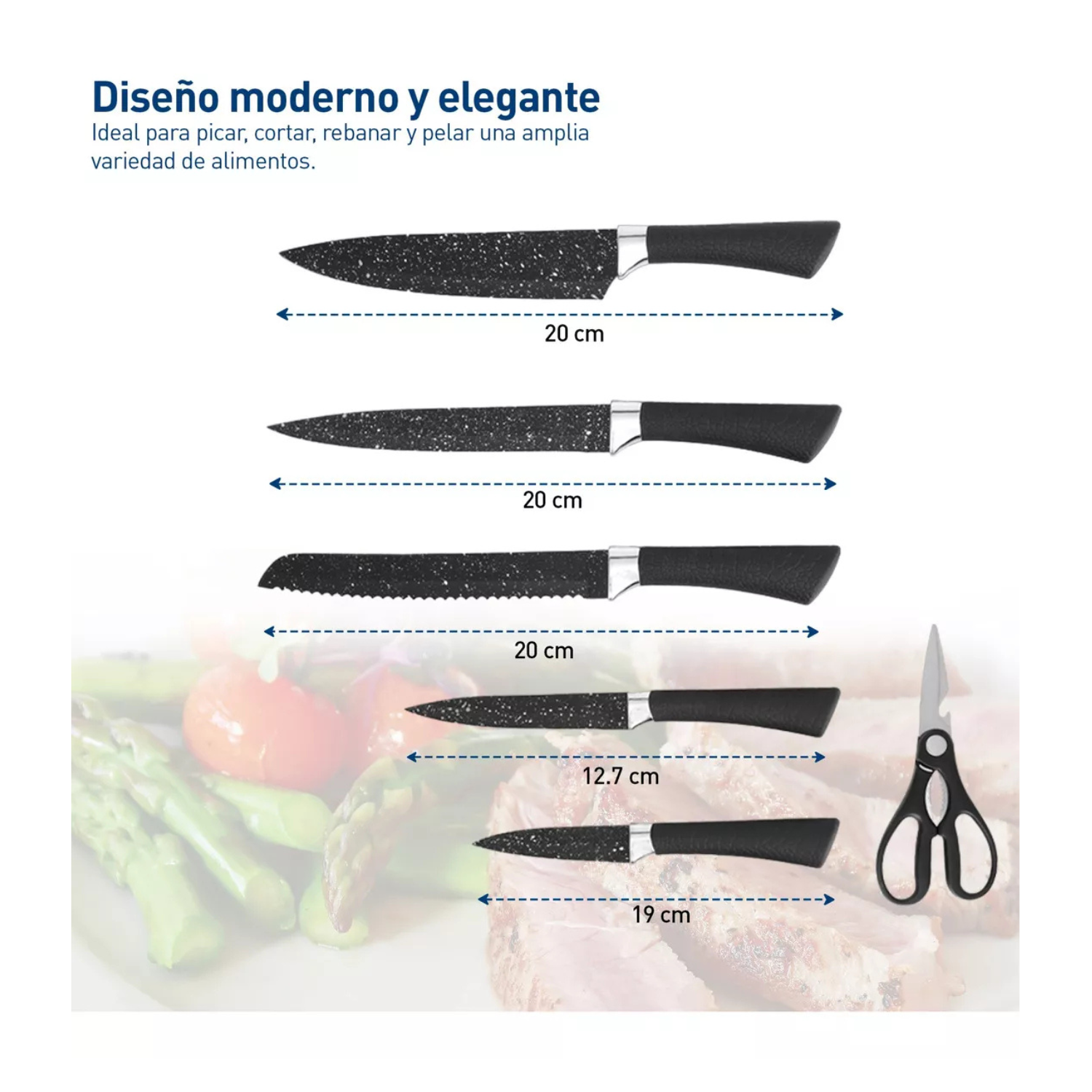 Set de 7 Cuchillos de Cocina de Acero Inoxidable con Mango Negro