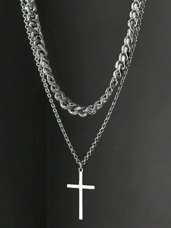 Collar Cadenas Cruz Dijes Acero Inoxidable Hombres Joyeria