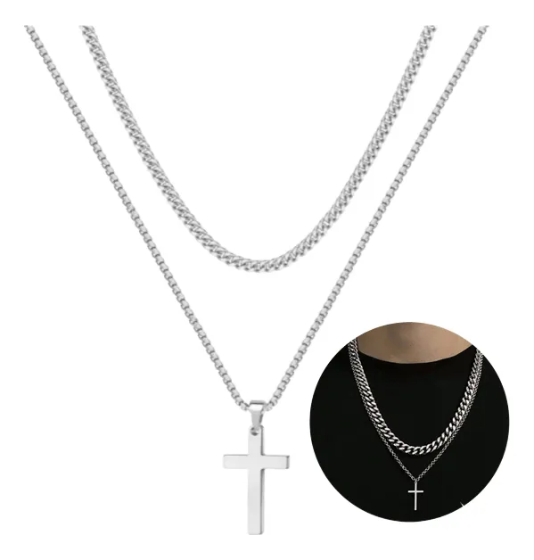 Collar Cadenas Cruz Dijes Acero Inoxidable Hombres Joyeria