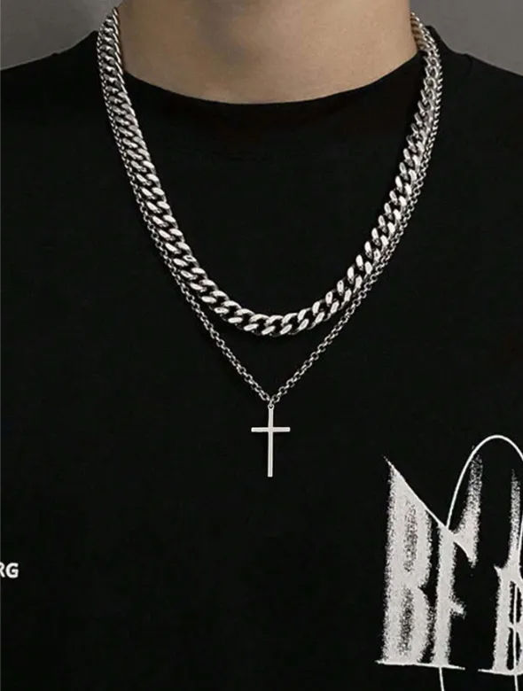 Collar Cadenas Cruz Dijes Acero Inoxidable Hombres Joyeria