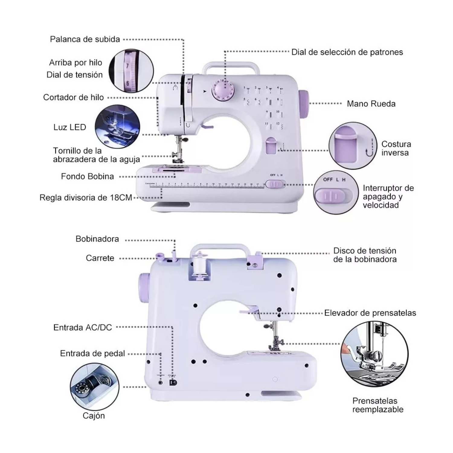 Máquina de Coser Eléctrica Portátil 115 Piezas - Set Completo para el Hogar, Color Blanco