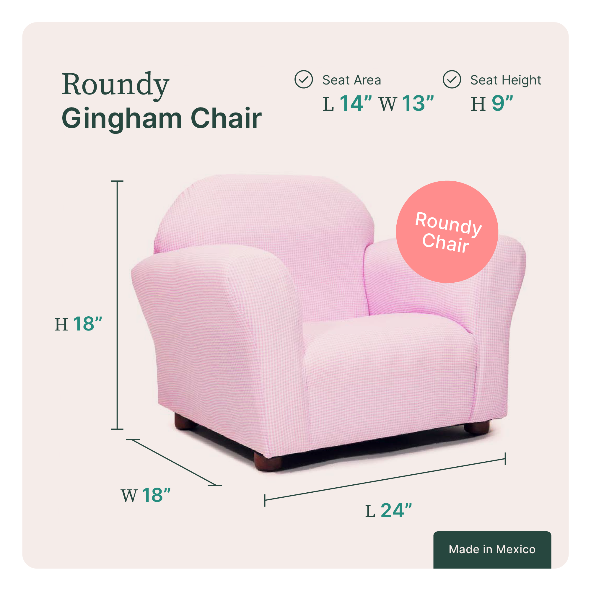 Sofá original de la marca Keet: Chair Pink Ghingham suave al tacto, con un tapizado artesanal en un encanto de cuadros vicky pink. Ideal para dormitorio o sala de star