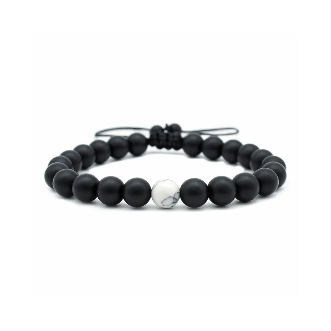 Pulsera de Cuentas de Piedras Negras con Blanco para Caballero