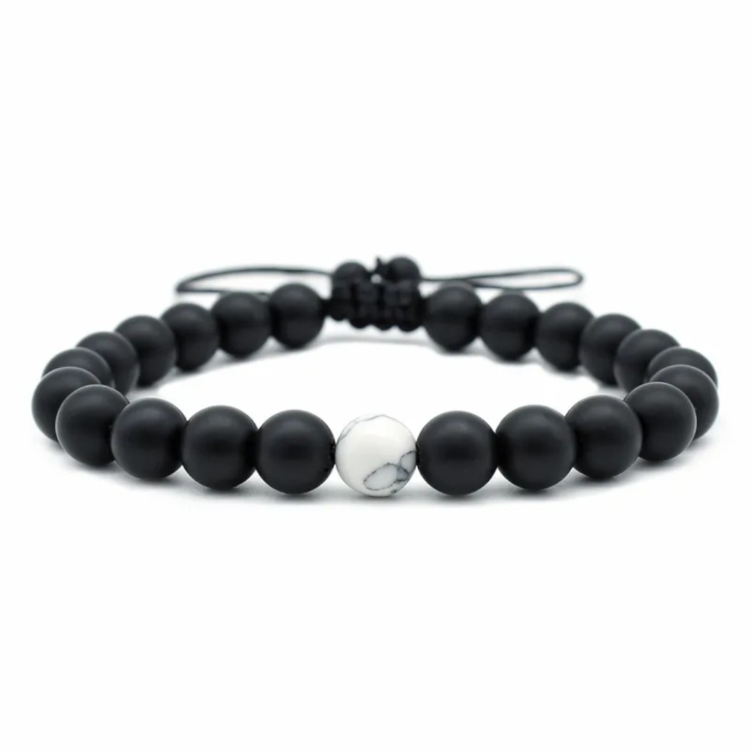 Pulsera de Cuentas de Piedras Negras con Blanco para Caballero