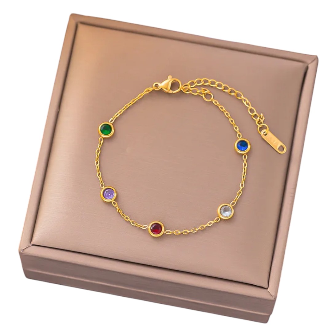 Pulsera de Zirconias Arcoíris de Acero Inoxidable Chapado en Oro de 18K para Dama