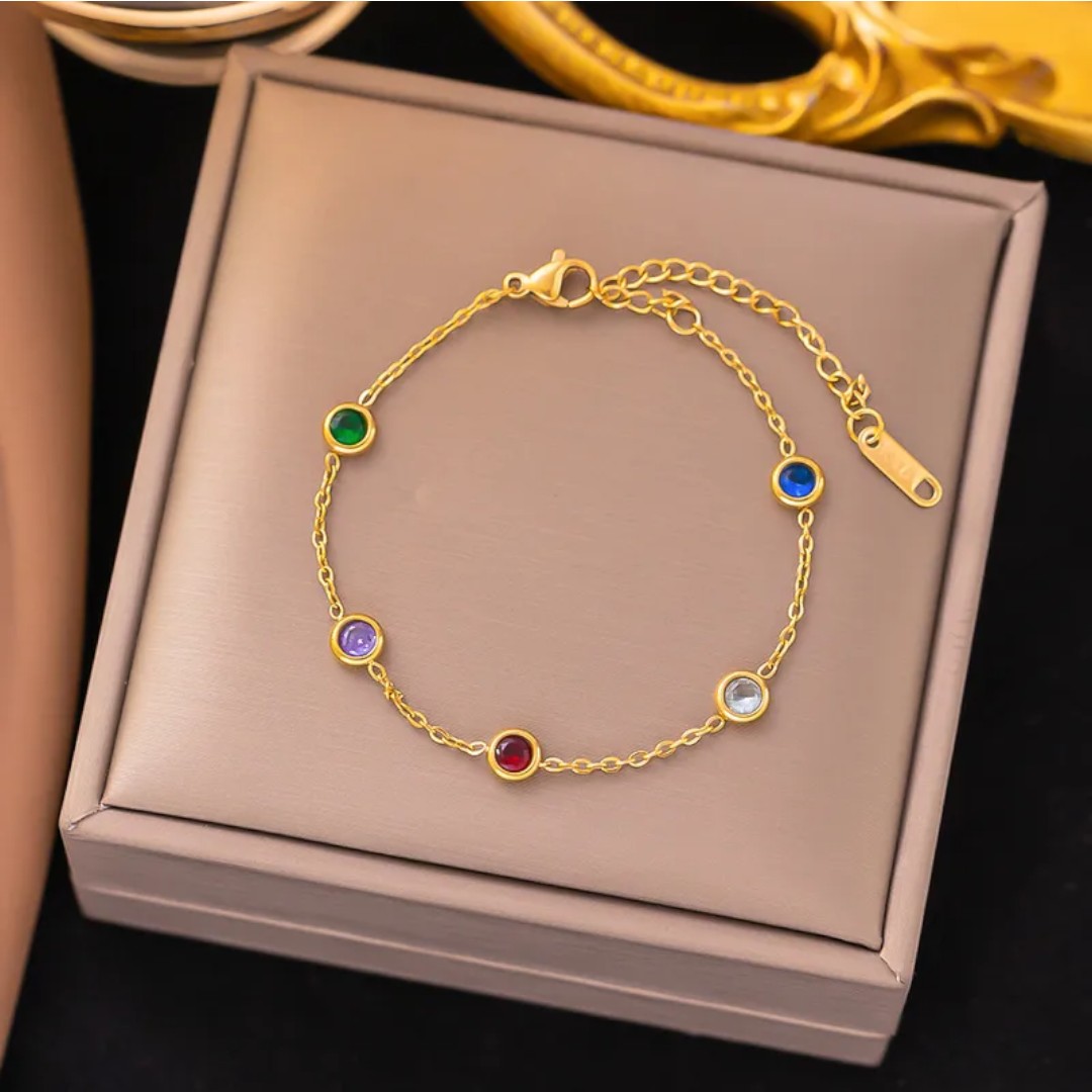 Pulsera de Zirconias Arcoíris de Acero Inoxidable Chapado en Oro de 18K para Dama