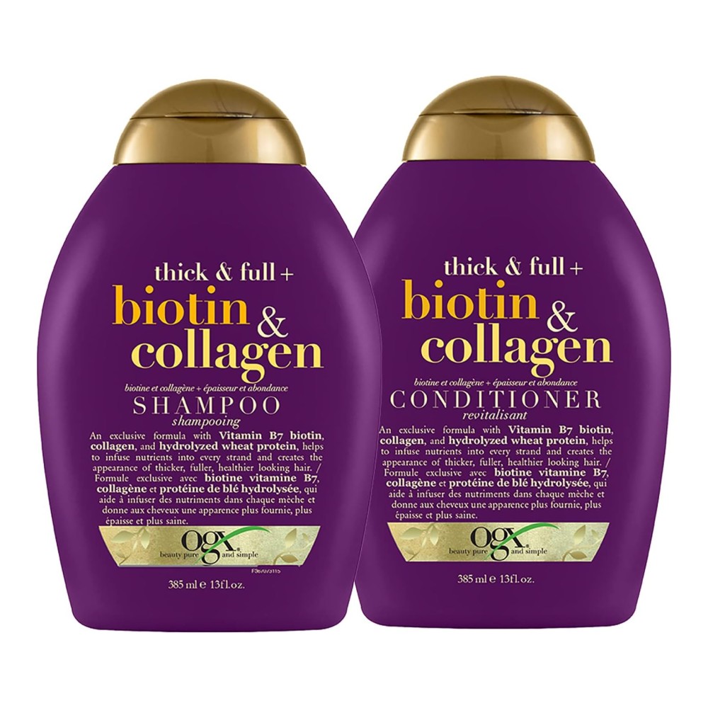 OGX Shampoo y Acondicionador Biotina y Colágeno 385 ml, Volumen Cabello Grueso, Sin Sulfatos, Kit 2 Piezas