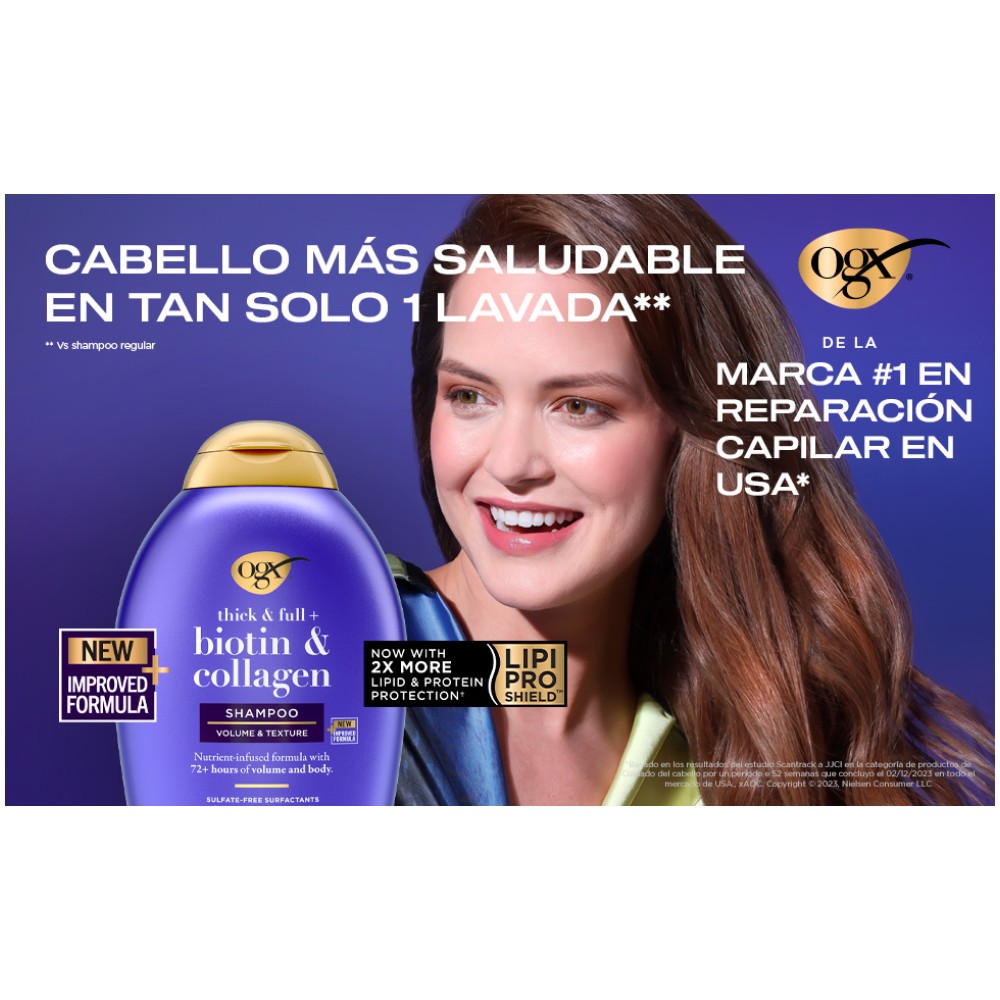 OGX Shampoo y Acondicionador Biotina y Colágeno 385 ml, Volumen Cabello Grueso, Sin Sulfatos, Kit 2 Piezas