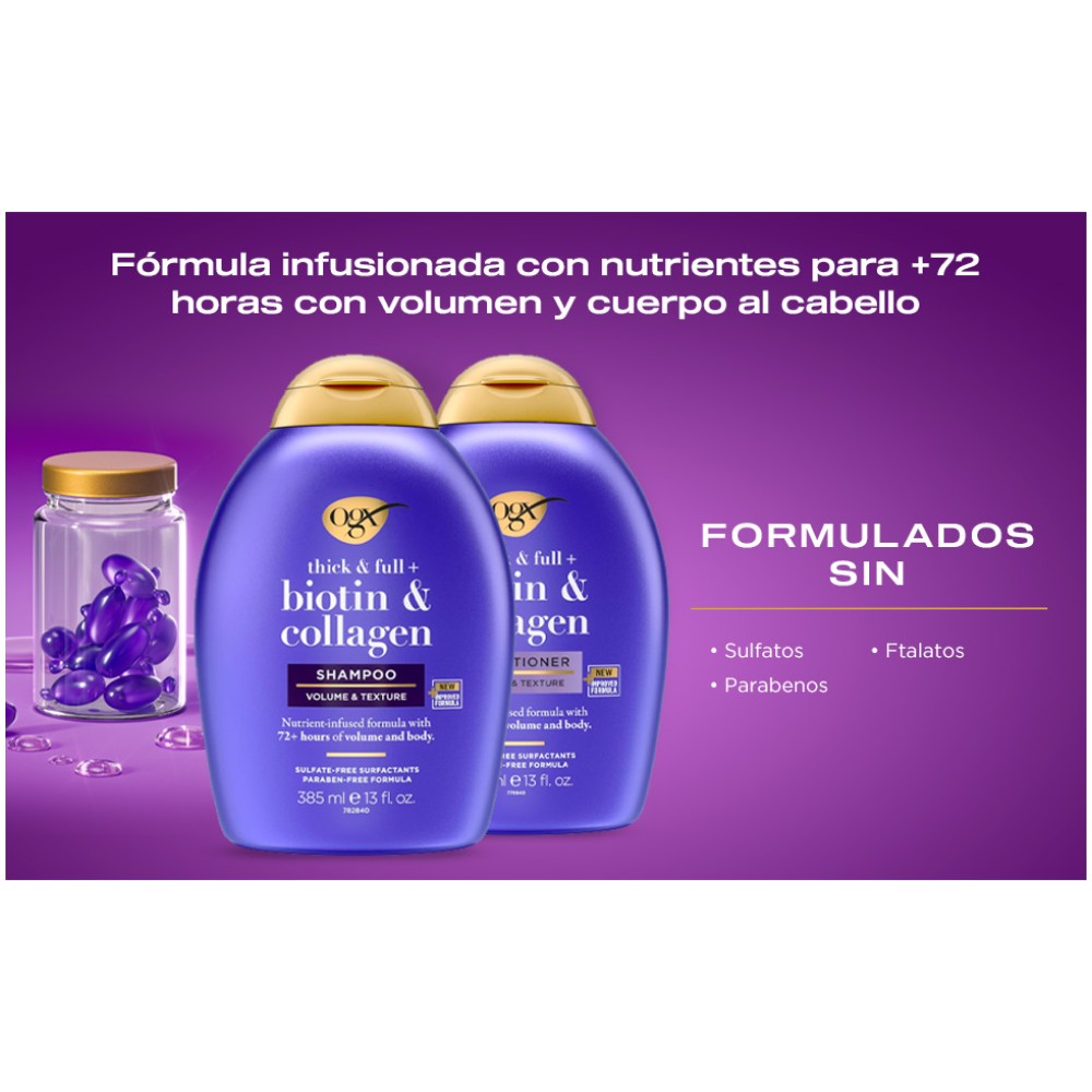 OGX Shampoo y Acondicionador Biotina y Colágeno 385 ml, Volumen Cabello Grueso, Sin Sulfatos, Kit 2 Piezas
