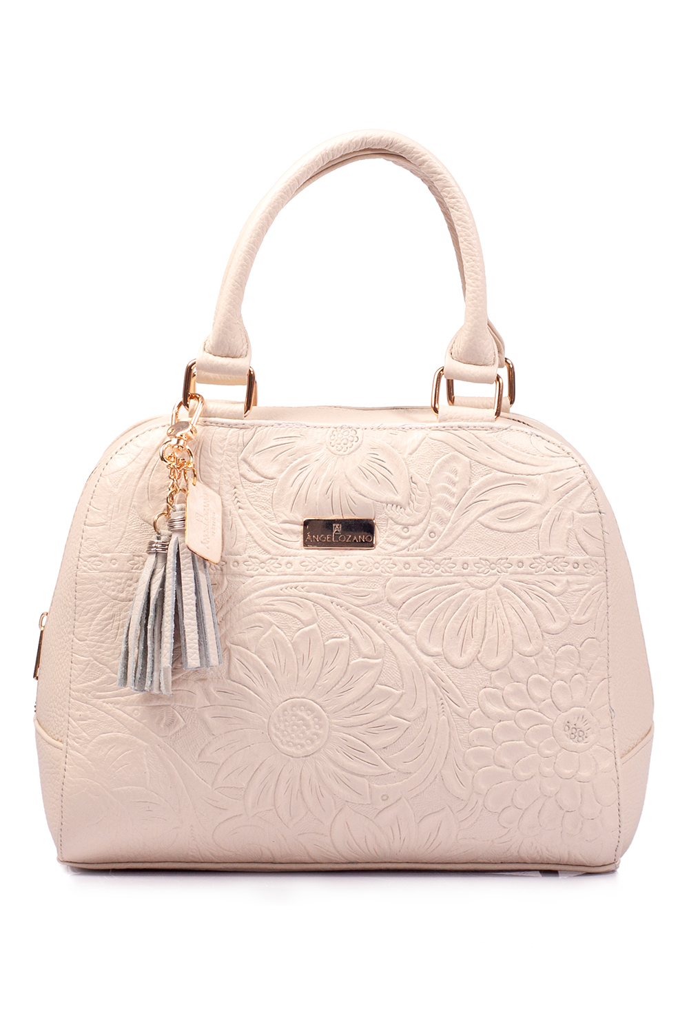 Bolso satchel A ÁNGELOZANO, bolso de piel, bolso de dama, piel grabada tipo cincelado, color hueso, Modelo Elsa
