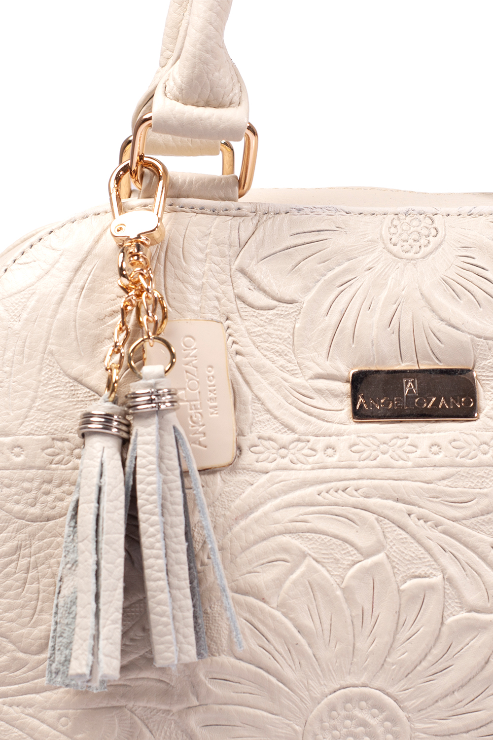 Bolso satchel A ÁNGELOZANO, bolso de piel, bolso de dama, piel grabada tipo cincelado, color hueso, Modelo Elsa