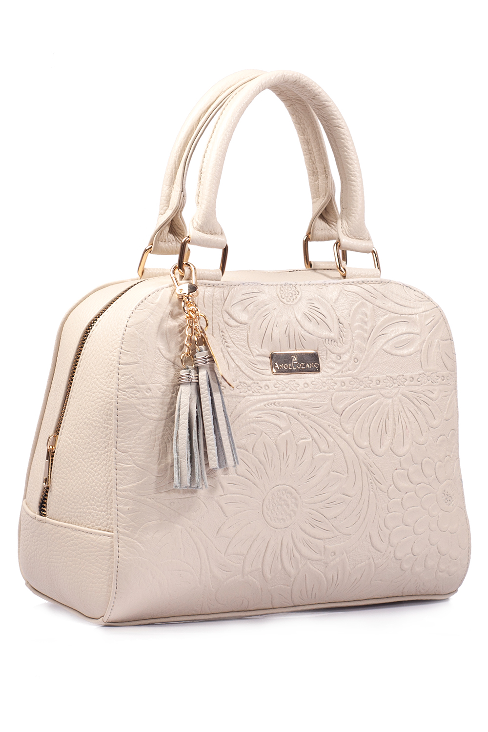 Bolso satchel A ÁNGELOZANO, bolso de piel, bolso de dama, piel grabada tipo cincelado, color hueso, Modelo Elsa