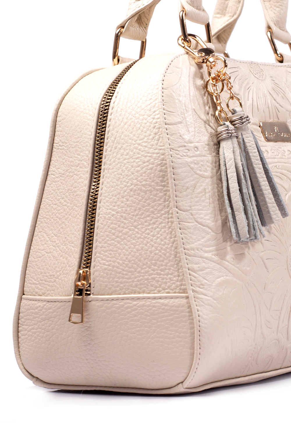 Bolso satchel A ÁNGELOZANO, bolso de piel, bolso de dama, piel grabada tipo cincelado, color hueso, Modelo Elsa
