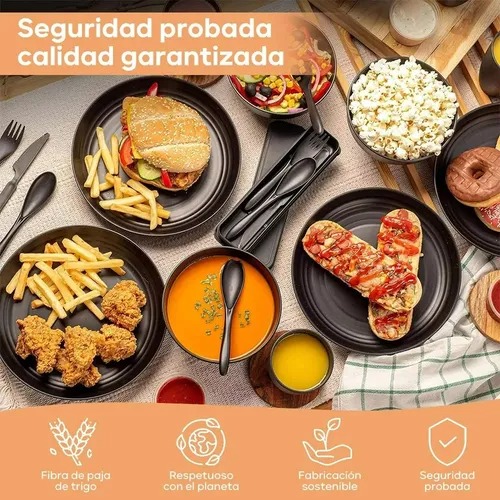 Synmore 28pzas Vajilla Juego Negro Cocina Paja Trigo Plato Tazas Kit