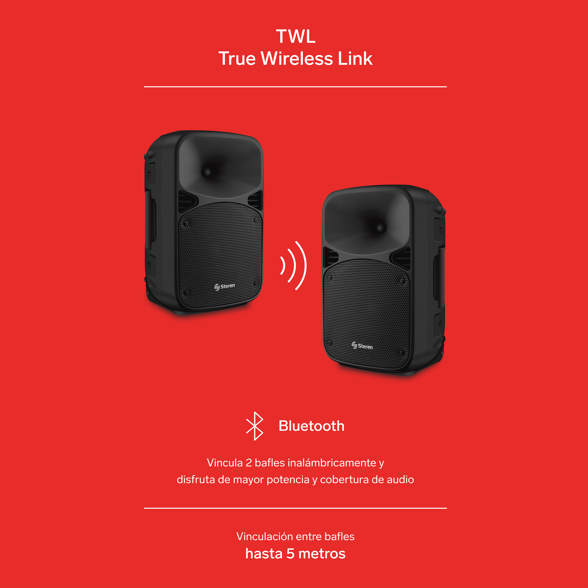 STEREN Bafle de 8" 1,100 W PMPO Bluetooth True Wireless Link con batería recargable BAF-0820NE