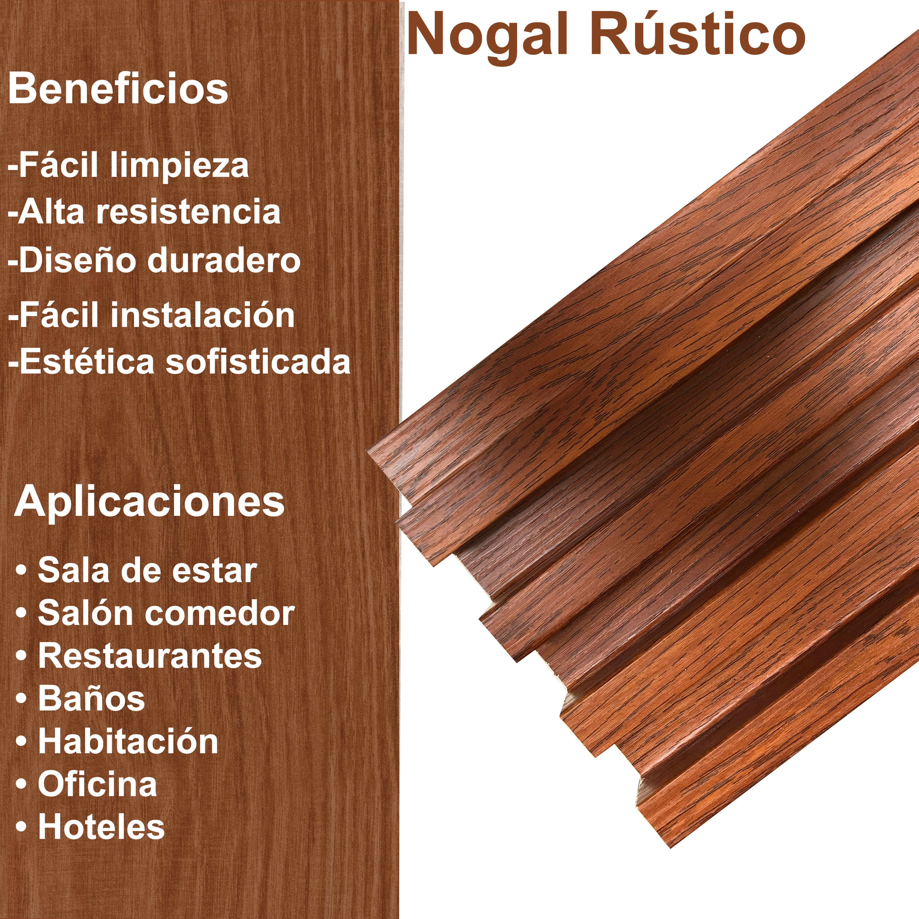 Lambrín Panel Decorativo Madera Wpc 14 Pzas 290cm x 17cm Nogal Rústico