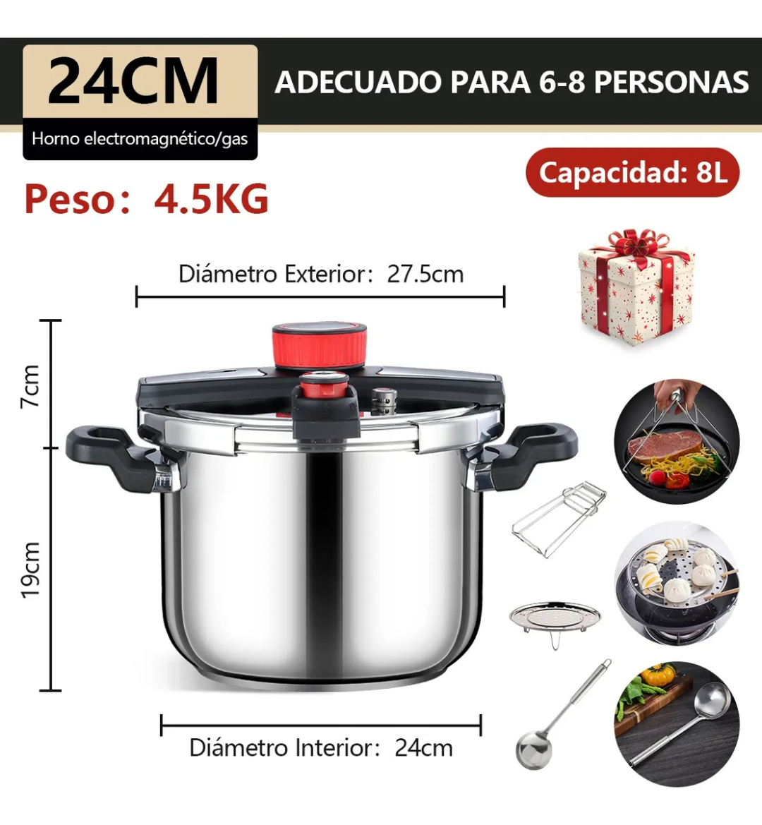 Olla De Presion Acero Inoxidable 8l Con Válvula De Seguridad