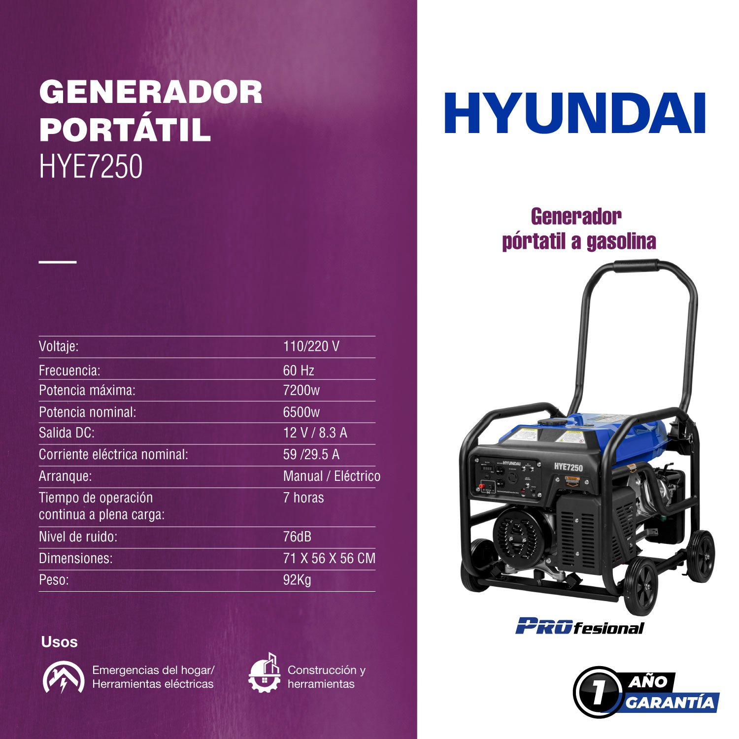 GENERADOR A GASOLINA PROFESIONAL HYUNDAI 7250W C/MOTOR 15 HP 110V/220V - HYE7250