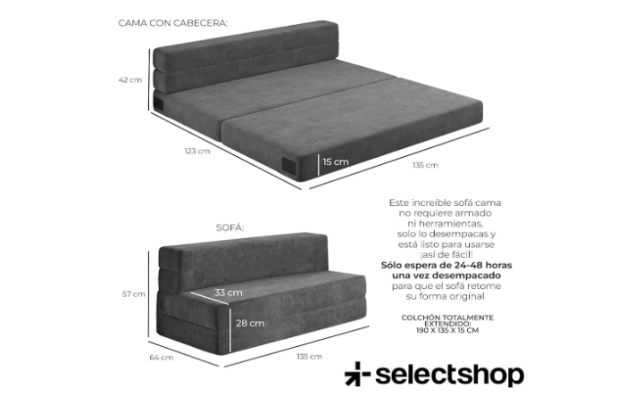 Sofá cama multifuncional memory foam matrimonial 