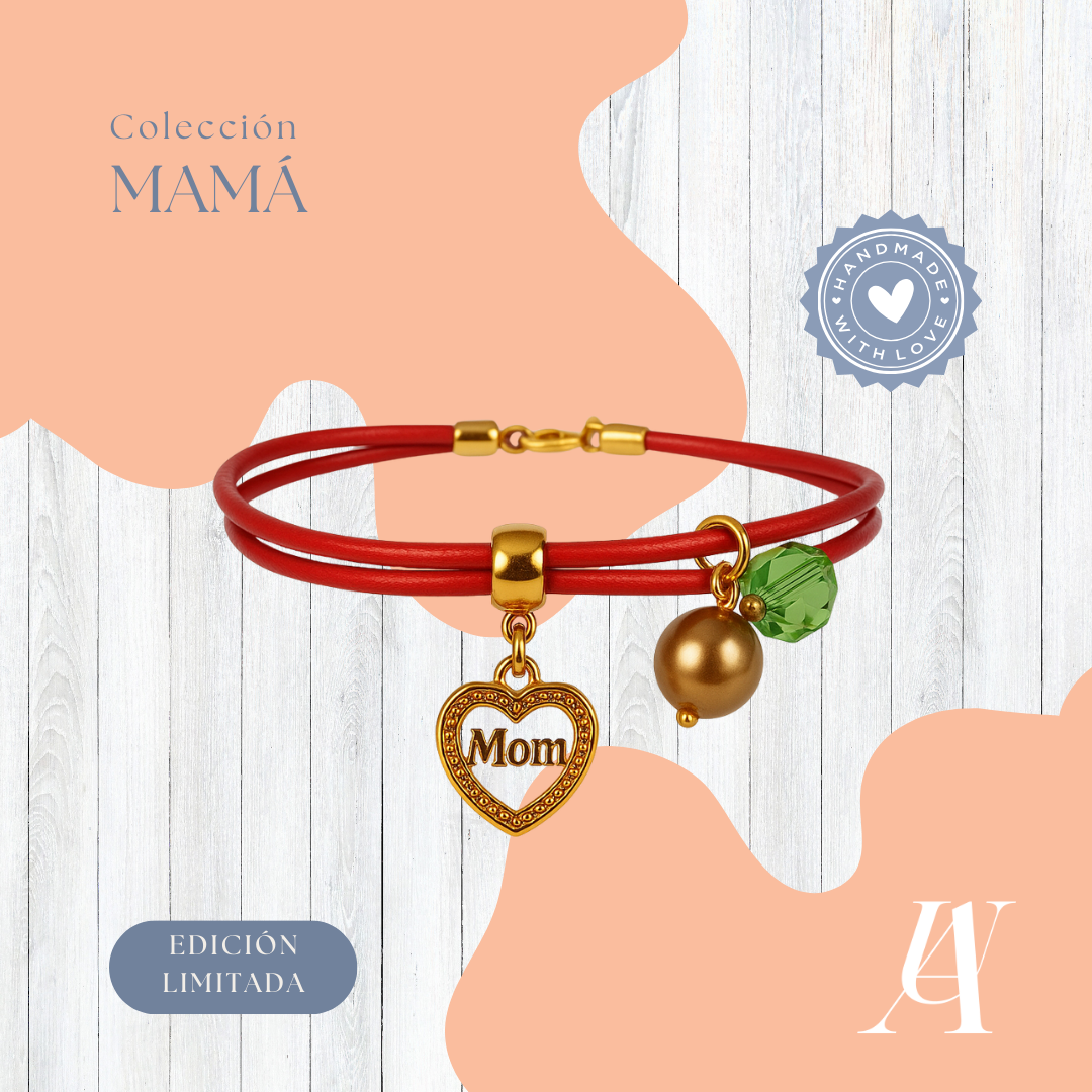 Pulsera Roja Mamá Ideas Cristal Chapada en Oro Dije Corazón 'Mom' Mujer