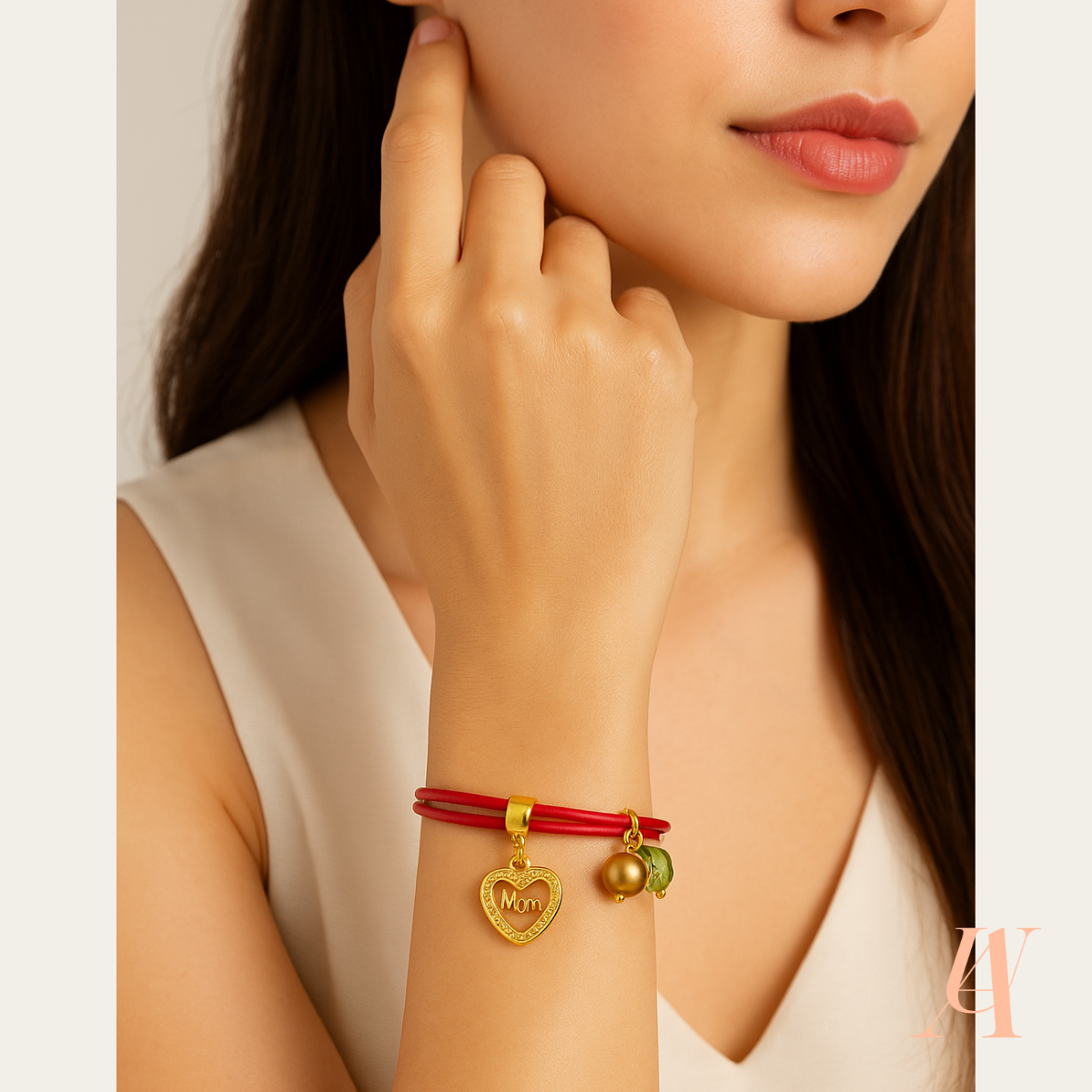 Pulsera Roja Mamá Ideas Cristal Chapada en Oro Dije Corazón 'Mom' Mujer