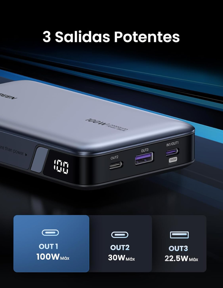Batería portatil 20,000 mAh PB720 UGREEN 100W con pantalla digital