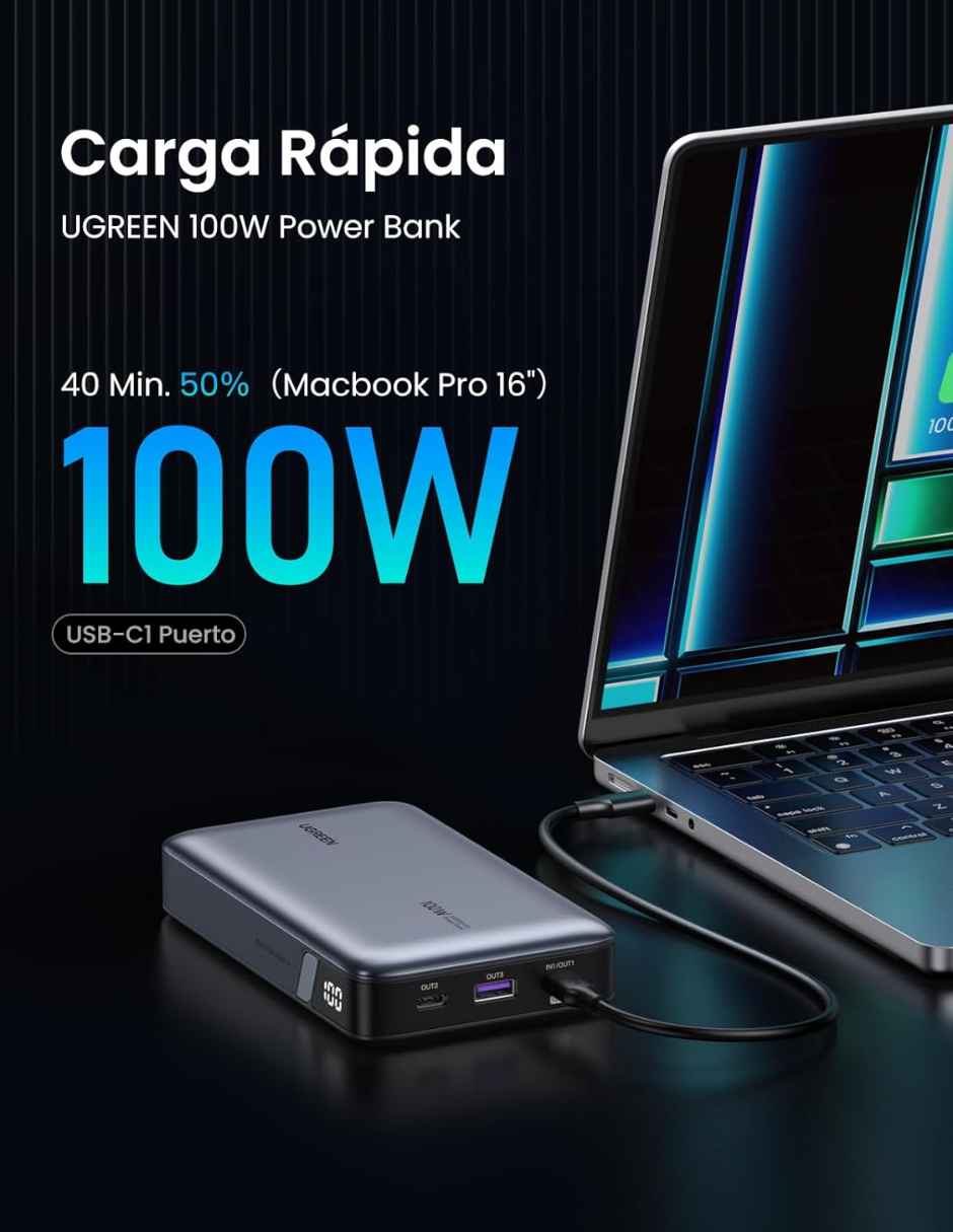 Batería portatil 20,000 mAh PB720 UGREEN 100W con pantalla digital
