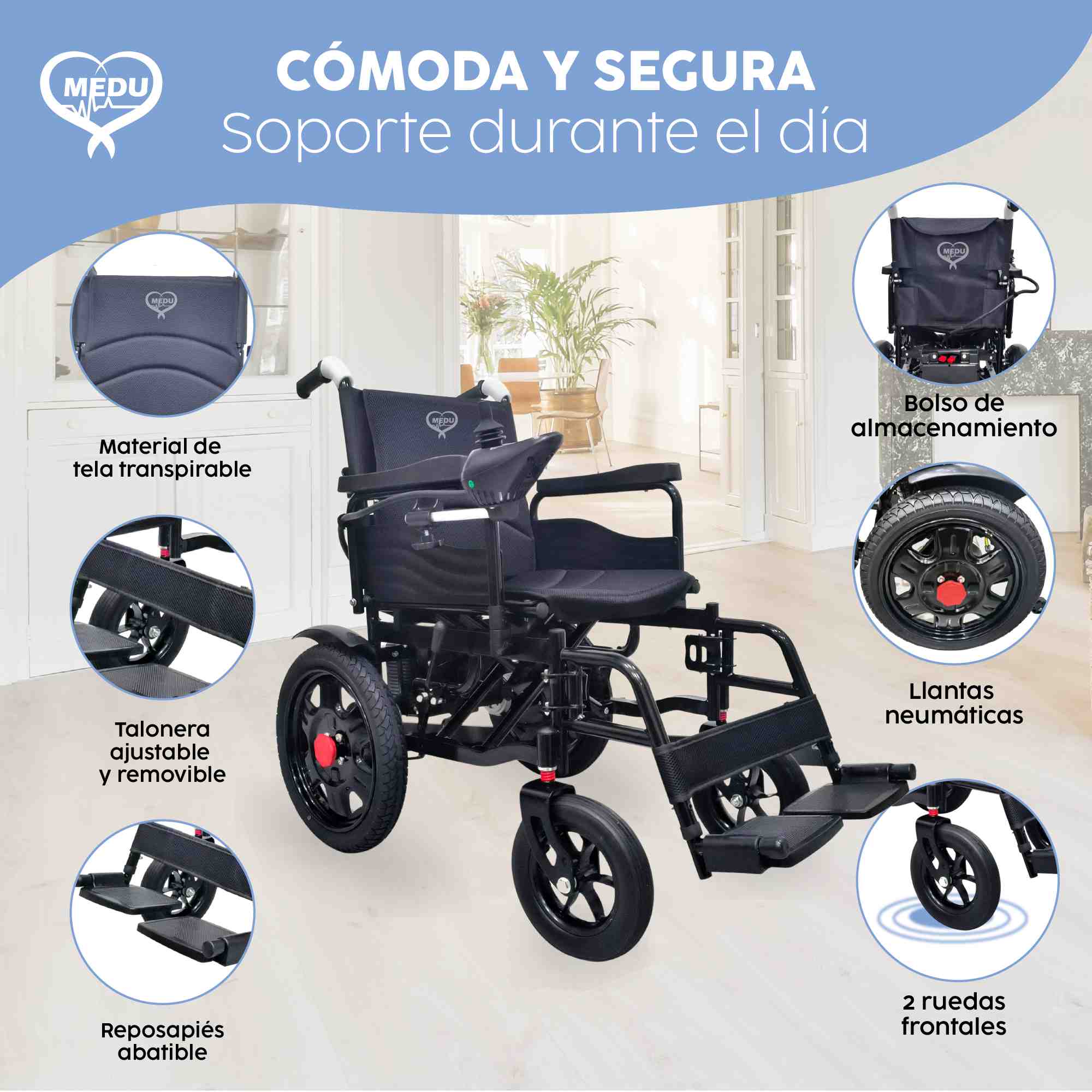 Silla de Ruedas Eléctrica Ligera Medu Spark Plegable, Motor Silencioso y Ajustable