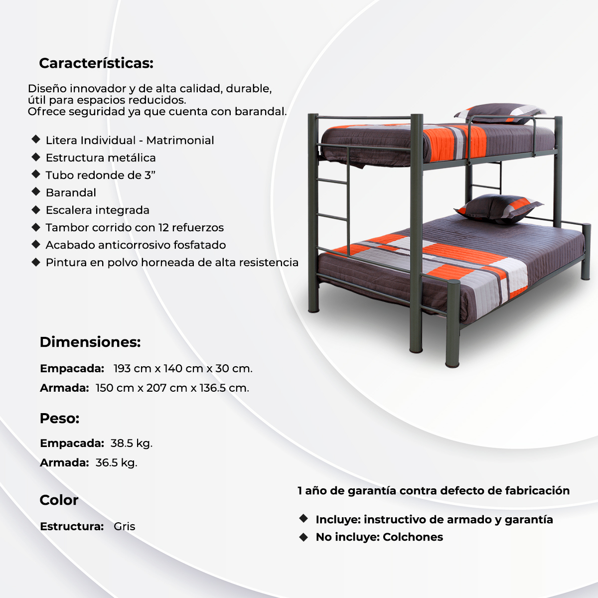 Litera 2 Niveles  Individual Valki con 2 Colchones Individuales De Confort Medio 