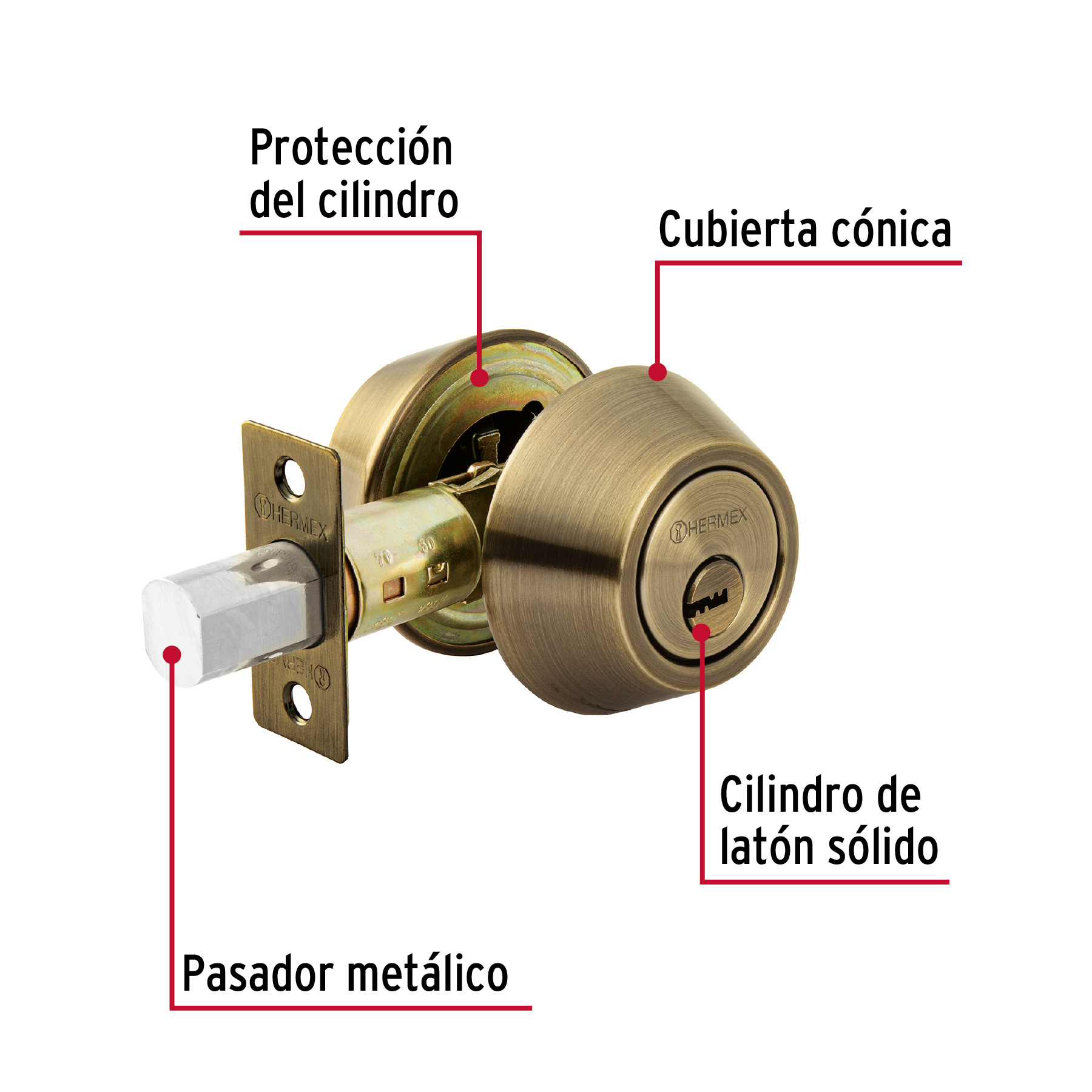 Cerrojo llave-llave latón antiguo, llave de puntos, HERMEX