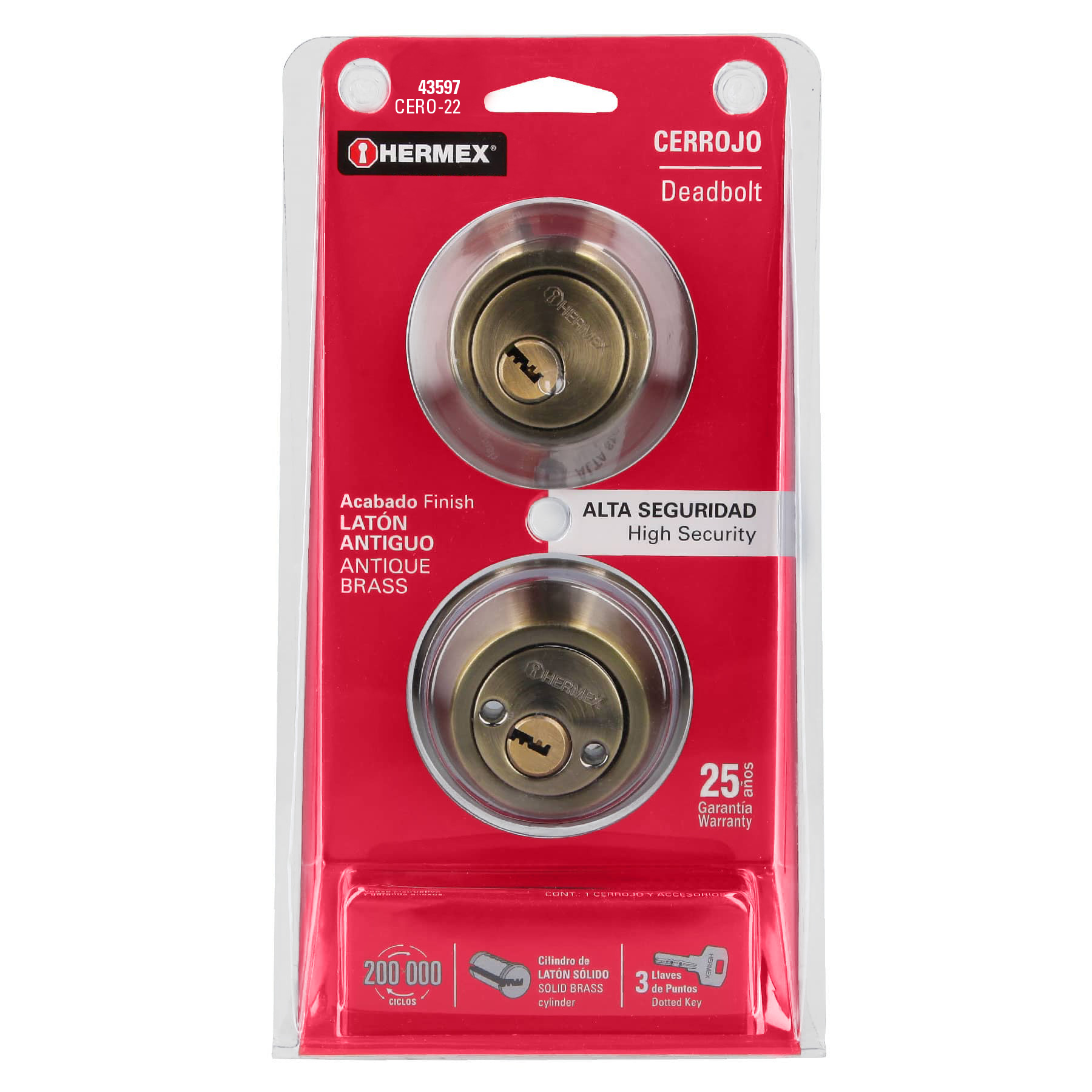 Cerrojo llave-llave latón antiguo, llave de puntos, HERMEX