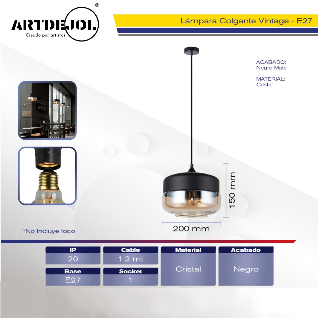Lámpara Colgante Negro Mate Cilindro Cristal Metal 