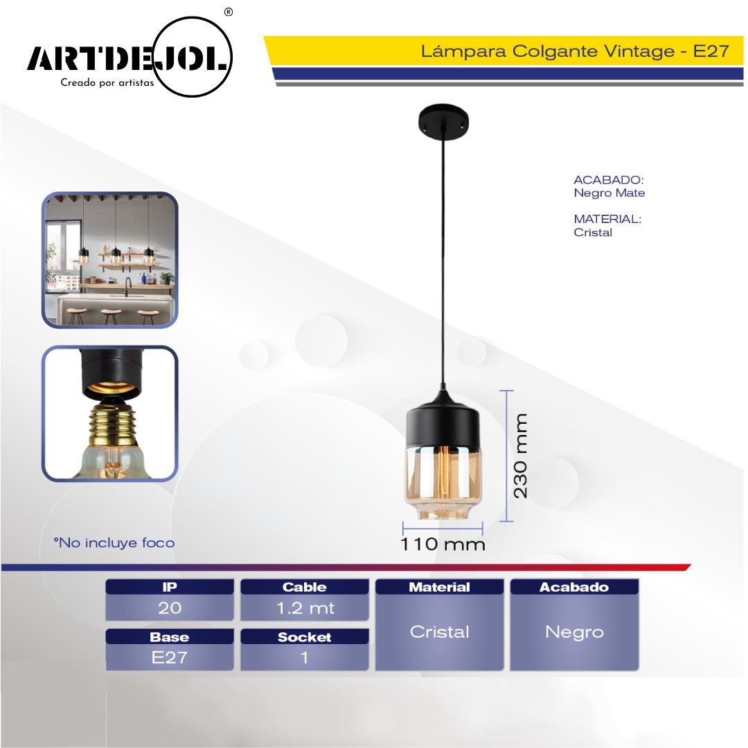Lámpara Colgante Negro Mate Cilindro Cristal y Metal 