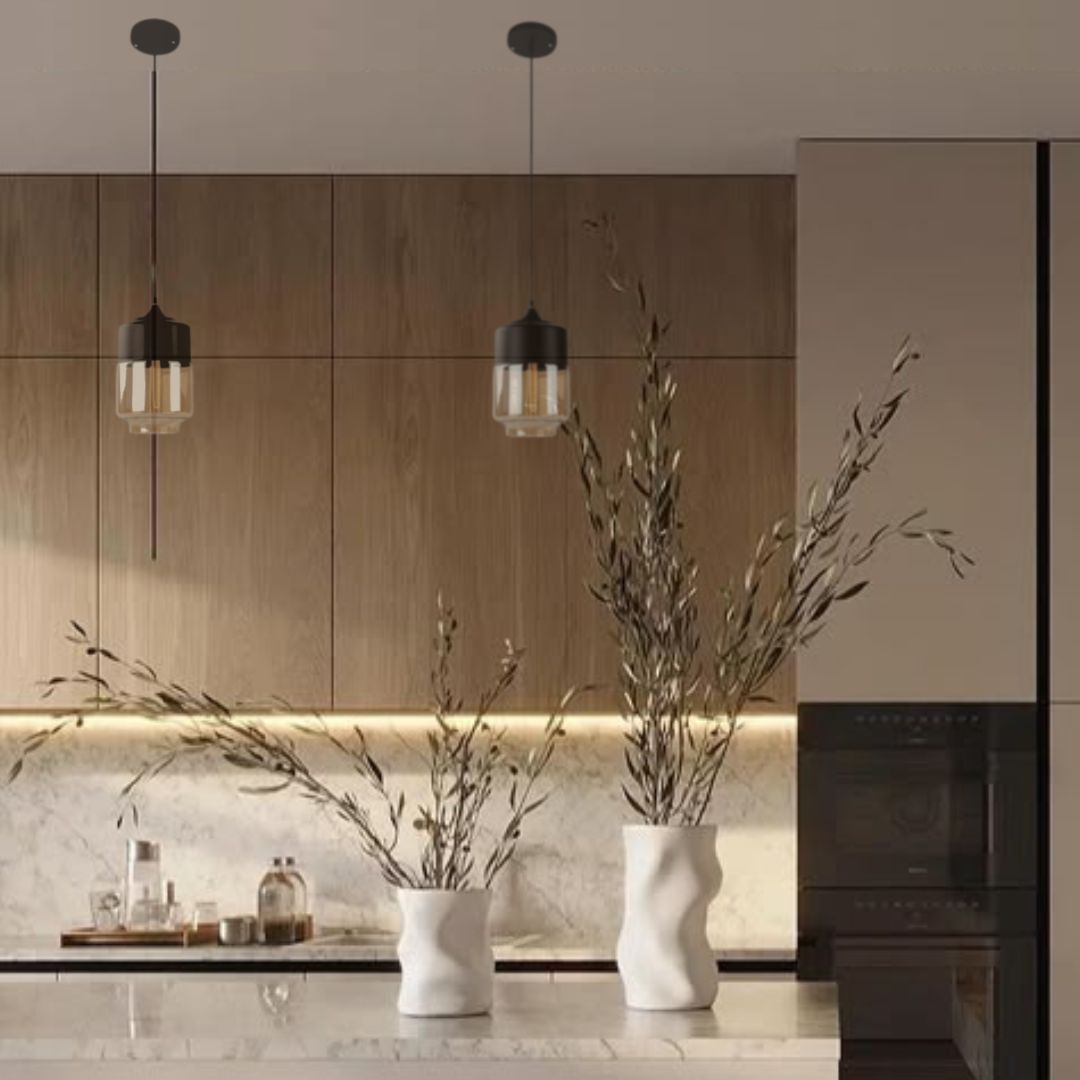 Lámpara Colgante Negro Mate Cilindro Cristal y Metal 