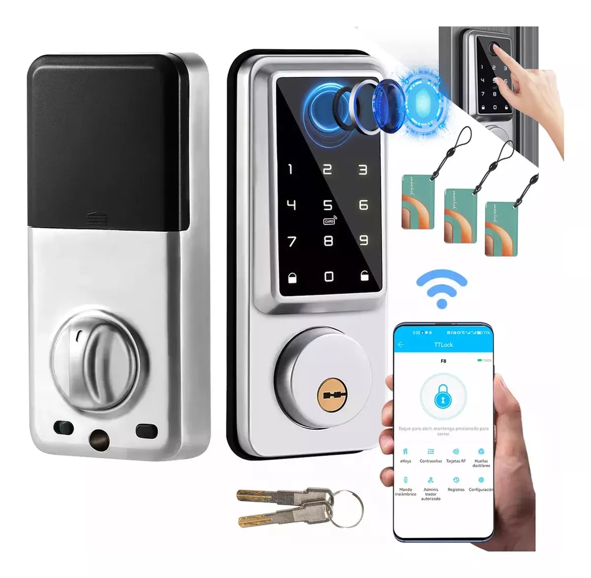 LOKOOY Cerradura Inteligente, Cerradura Electronica App 5 en 1 Métodos de Apertura Aplicación Móvil, Huella Digital, Código,Tarjeta RF, Cerrojo Automático Electrónico
