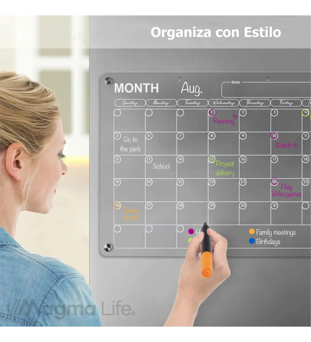 Magma Life 2 Pizarrones Magnéticos para Refrigerador: Planeador Semanal/Mensual con 6 Plumones Coloridos y Paño Borrador Incluidos.