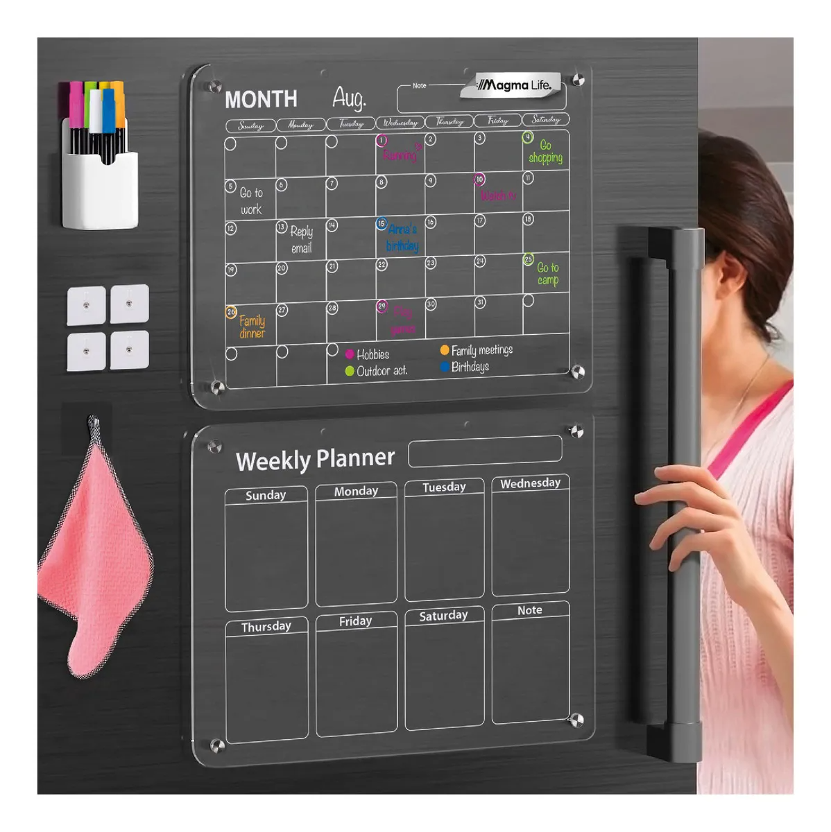 Magma Life 2 Pizarrones Magnéticos para Refrigerador: Planeador Semanal/Mensual con 6 Plumones Coloridos y Paño Borrador Incluidos.