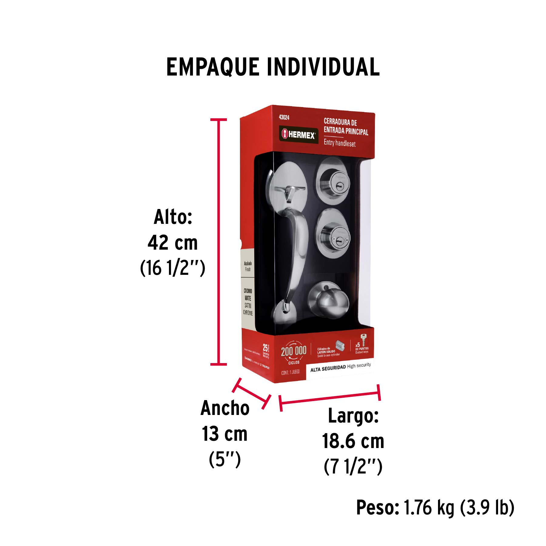 Jaladera y perilla, Lugo llave-llave, cromo mate, HERMEX